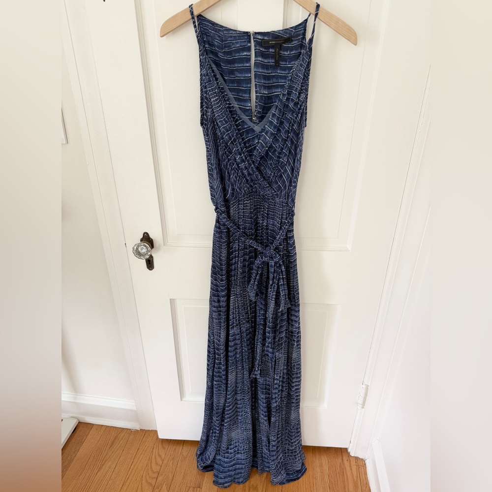 BCBG Max Azria Silk Blue Black Animal Print Evening Maxi Dress Gown Size Small S